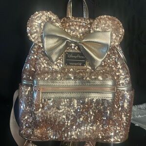 Loungefly x Disney Parks rose gold sequin Minnie ears/ bow small backpack